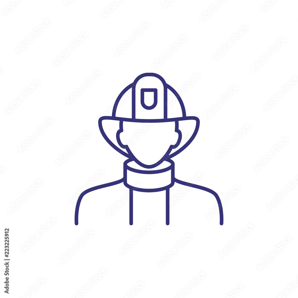 Fireman line icon. Firefighter, brigade, protective suit, helmet. Occupation concept. Can be used for topics like fire hazard, emergency, alert Fireman line icon. Firefighter, brigade, protective suit, helmet. Occupation concept. Can be used for topics like fire hazard, emergency, alert