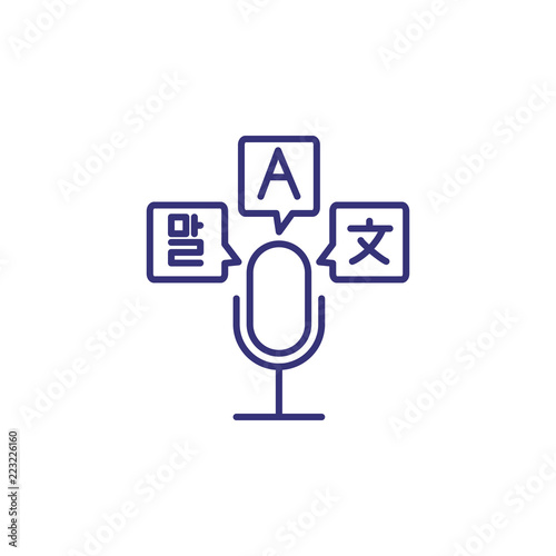 International talks line icon. Microphone and speech bubbles with letters and hieroglyphs. Translating concept. Can be used for topics like foreign language, global communication, interpret