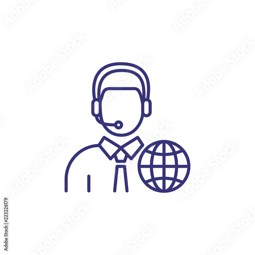 Interpreter line icon. Character in headset with globe. Translation concept. Can be used for topics like global communication, occupation, booth interpretation