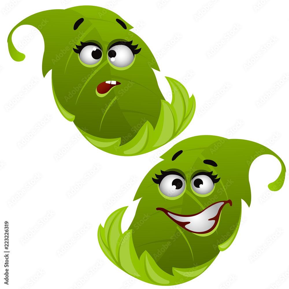 Set of funny laughing green tree leaf isolated on white background. Vector cartoon close-up illustration.