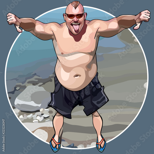 cartoon funny big man shows gesture thumbs down