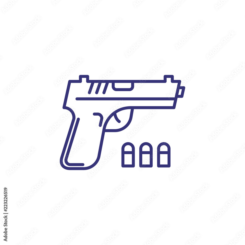 Pistol with bullets line icon. Policeman, gun, defense. Weapon concept. Vector illustration can be used for topics like crime, war, terrorism