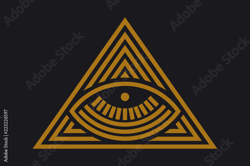 All seeing eye in delta triangle. Pyramid and freemasonry icon, new world order emblem