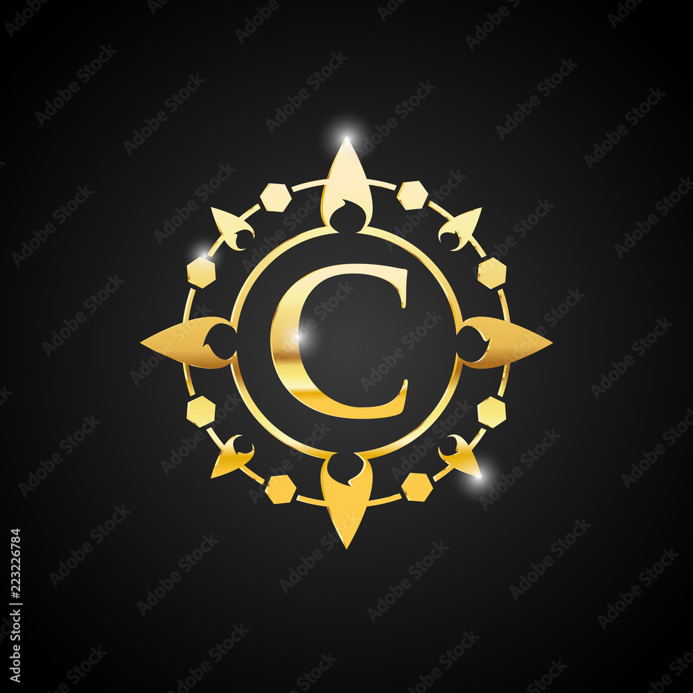 Naklejka premium Luxury C letter and gold logo. Vector letter emblem C for Antique, Restaurant, Cafe, Boutique, Hotel, Heraldic, Jewelry