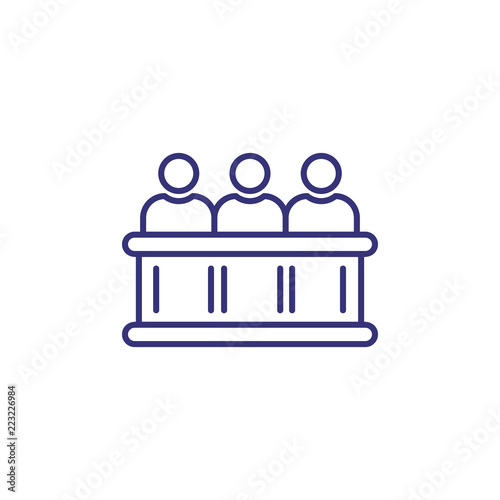 Trial by jury line icon. Group of people at desk, panel, jury box. Justice concept. Can be used for topics like court, courthouse, judicial hearing