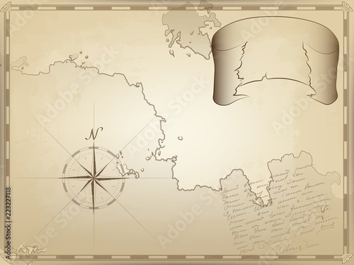 old nautical chart on yellowed paper. a twisted ribbon for your text. the image of the compass and unreadable notes by hand