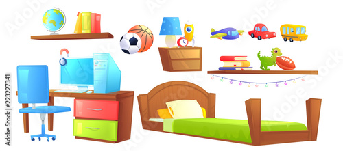 Boy bedroom interior design set object. With bed, workplace, desk and pc computer, shelves, book, kids toys. 