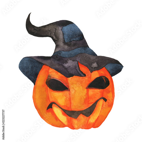 Bright jack o lantern in a dark hat isolated on white background. Hand drawn watercolor illustration. photo