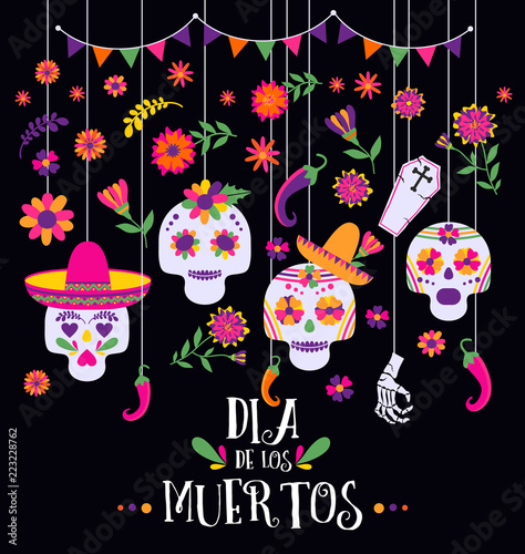 Day of the dead, Dia de los muertos, banner with colorful Mexican flowers and icons. Fiesta, holiday poster, party flyer, funny greeting card