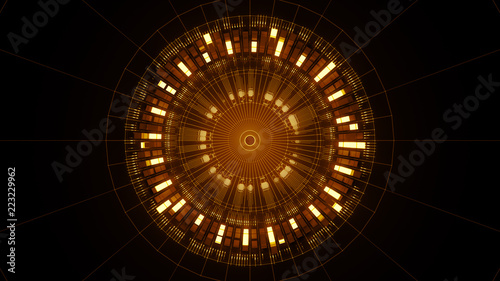 3d asbtract technology background. Circular structure with bright elements and lines. Centered composition...