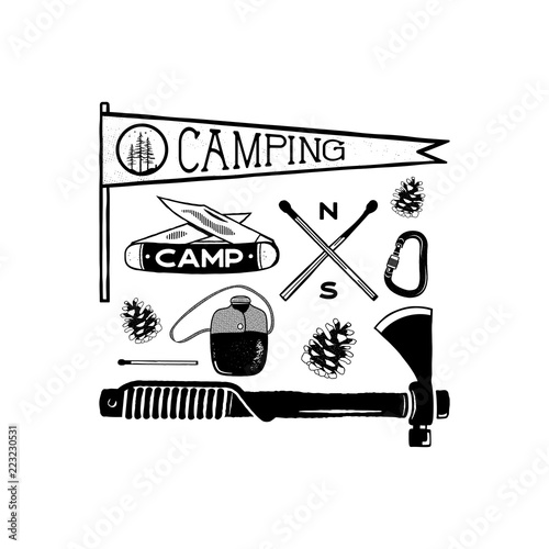 Vintage hand drawn camping adventure shapes. Hiking symbols - pennant, knife, matches, axe and others. Retro monochrome design. Can be used for t shirts, prints. Stock vector isolated on white