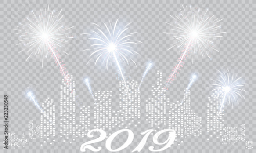 Festive patterned fireworks bursting in various forms, sparkling pictograms set against a black background Abstract. New Year and birthdays. Vector illustration