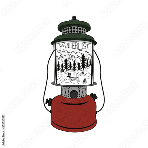Vintage hand drawn Camping Lantern Emblem. Mountain adventure inside. Camp T-shirt. Funny hiking concept for tee. Perfect for any adventurer, wanderlust lovers or hikers. Stock vector.