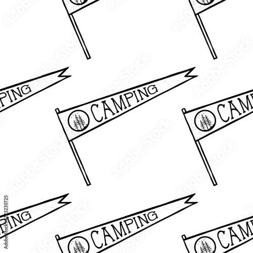 Camping pennant seamless pattern. Monochrome line art hipster style. Stock vector wallpaper illustration isolated on white background