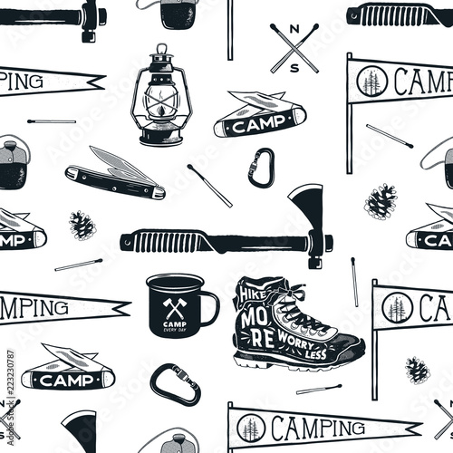 Vintage Hand drawn seamless pattern with camping equipment, gear. Axes, camp lantern, mug, knife and others. Stock vector adventure wallpaper background isolated on white