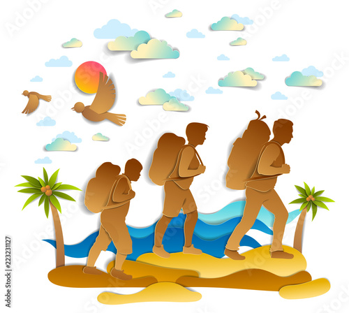 Happy active family hiking through sea beach with palms and sea waves in background, birds in the sky. Father mother and son hikers having time of retreat in nature, summer holidays, vector.