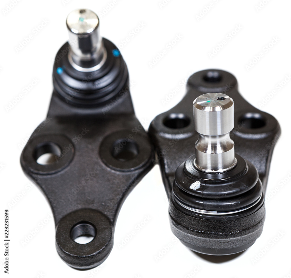 Two new spare parts as ball joints, isolated on a white background Two new spare parts as ball joints, isolated on a white background