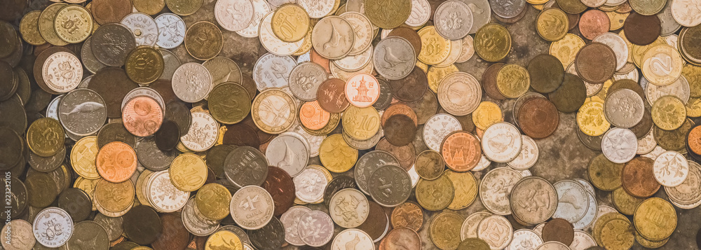 Lots of different coins. Close-up view. - obrazy, fototapety, plakaty 