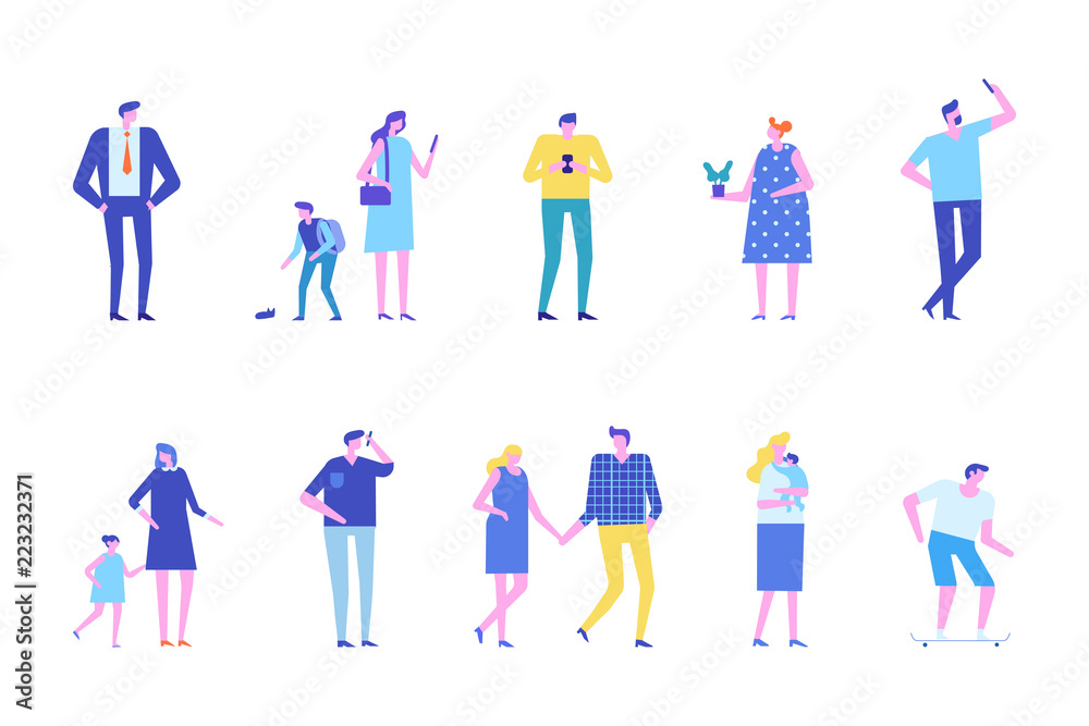 Vector set of people characters isolated on white. Flat cartoon design.