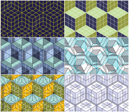 Geometric cubes abstract seamless patterns set, 3d vector backgrounds collection. Technology style engineering line drawing endless colorful illustrations. Usable for fabric, wallpaper, wrapping.