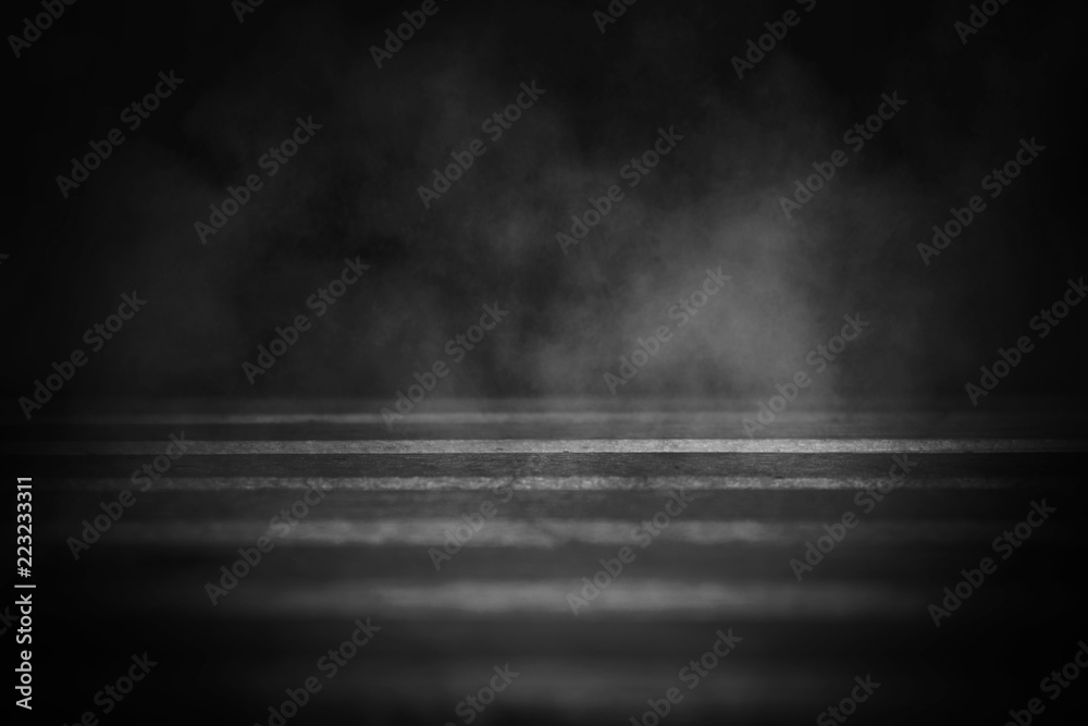 Fototapeta Background of an empty room with smoke and neon light. Dark abstract background