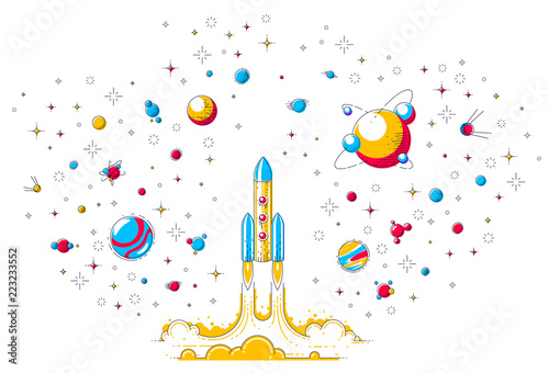 Rocket launch into undiscovered space, surrounded by fantastic planets, stars and other elements. Explore universe, space science. Thin line 3d vector illustration isolated on white.