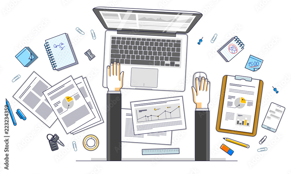 Business analysis, office worker or entrepreneur businessman working on a laptop computer and papers with financial analytics, top view of work desk with stationery and documents and hands. Vector.