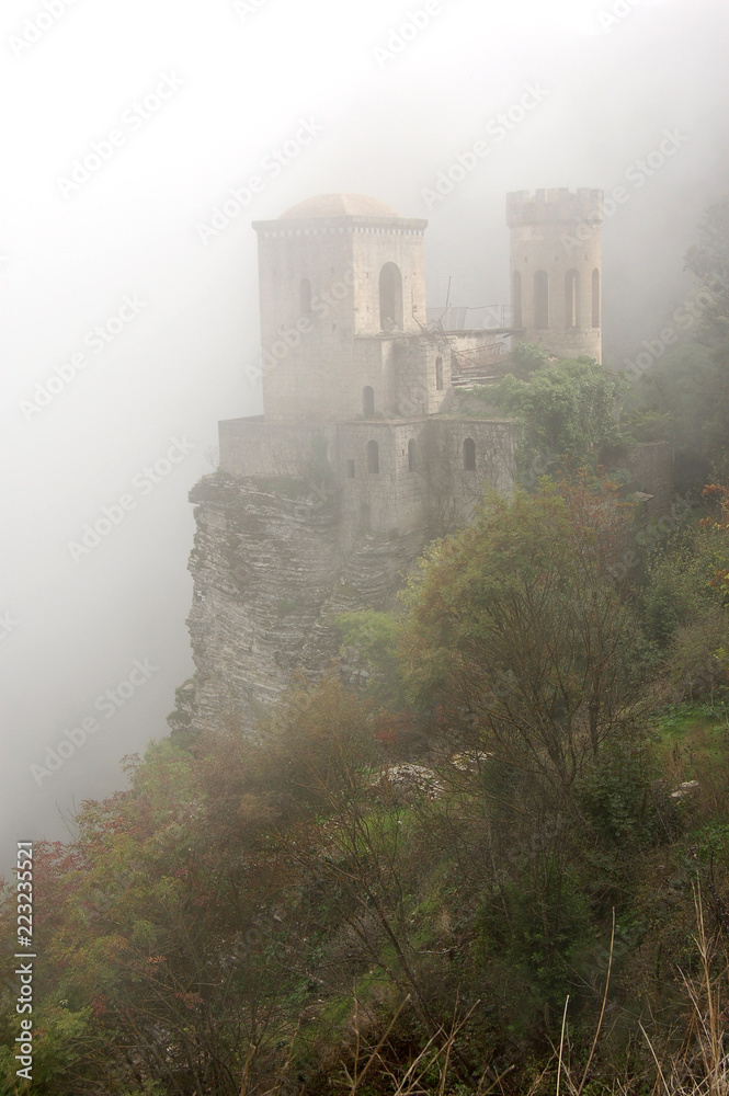 Balio castle on the mountain in the fog Erice Sicily Italy