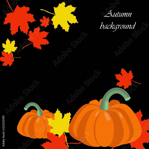 Colorful autumn foliage vector banner with pumpkins. Discount design.