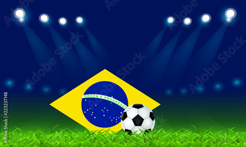 Brazilian football, vector illustration, ball and Brazilian flag at the football stadium