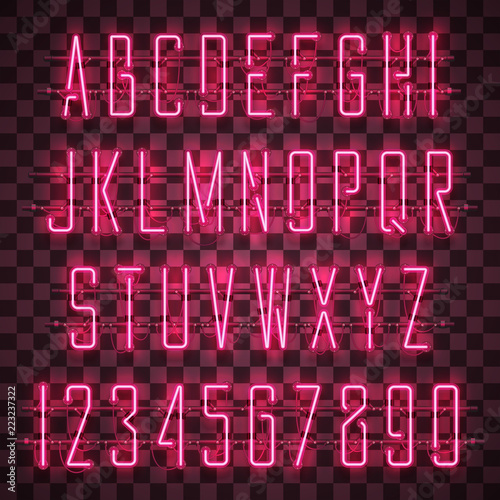 Glowing red neon alphabet with letters from A to Z and digits from 0 to 9 on transparent background. Shining neon effect. Every letter is separate unit with wires, tubes, brackets and holders.