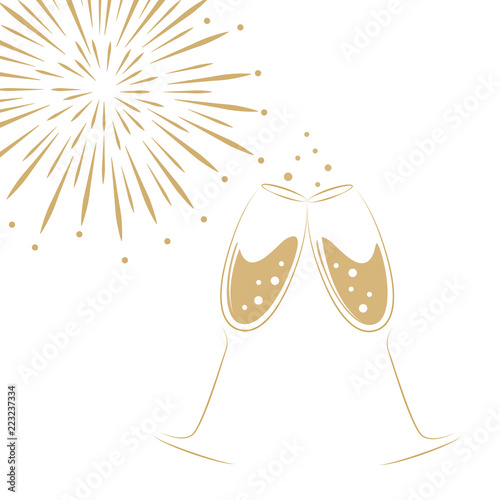 two champagne glasses and fireworks on a white background