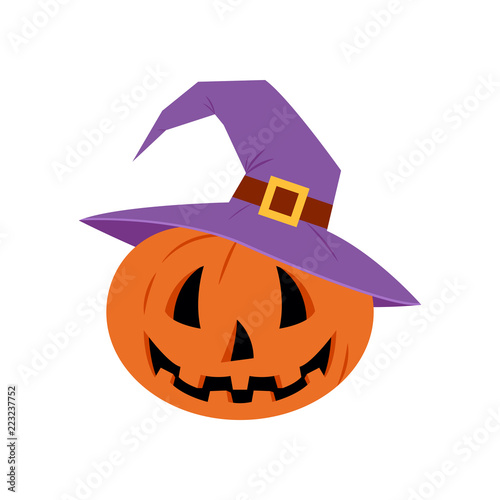 Jack-O-Lantern. Cute pumpkin in a hat. Halloween pumpkin. Happy Halloween Day.