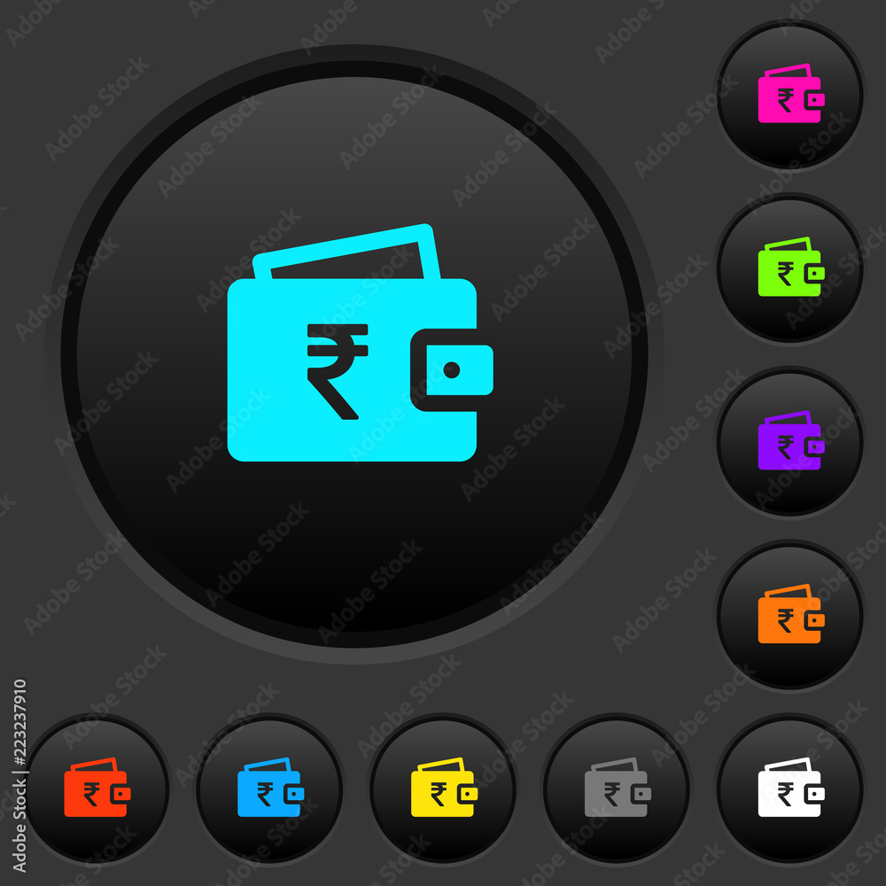 Indian Rupee wallet dark push buttons with color icons