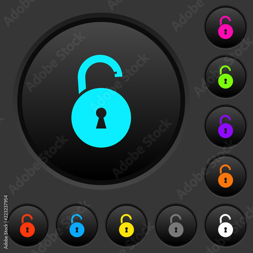 Unlocked round padlock with keyhole dark push buttons with color icons