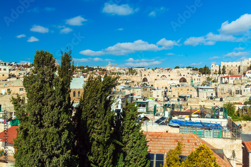 Roofs of Old City with ancient wall gates  Jerusalem