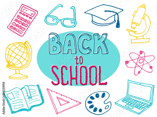 Back to School with hand drawn school supplies. Doodle lettering and school object collection. Sketch icon set. Kids style ink background. Education Concept. Vector illustration.