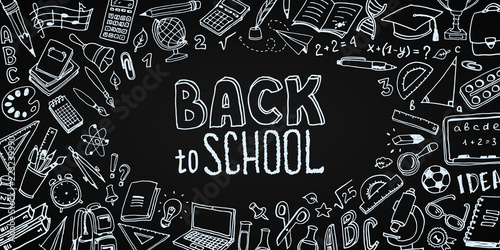 Back to School background with place for text. Hand drawn school supplies - big set. Doodle lettering and school object collection. Sketch icon. Education Concept. Vector illustration.