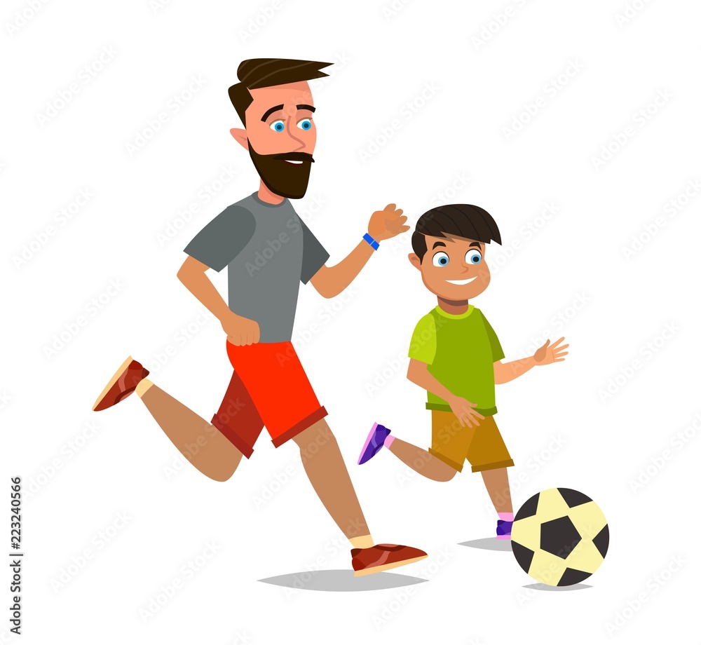 Little boy and his father playing football on playground. Vector illustration