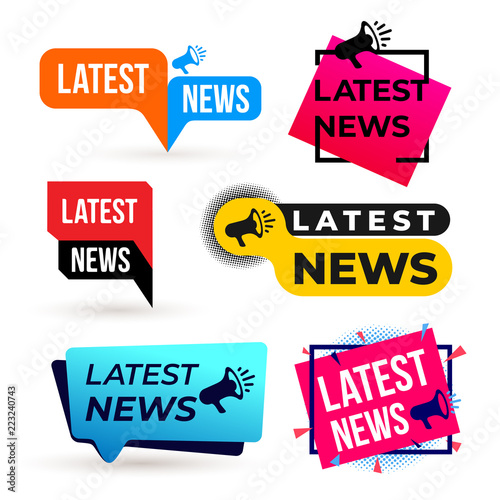 Set of Latest news megaphone colorful label . Vector illustration. Isolated on white background.