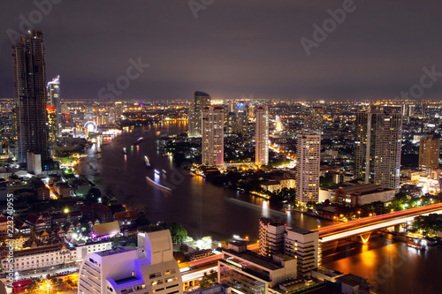 Landscape night river city Bangkok skyline 