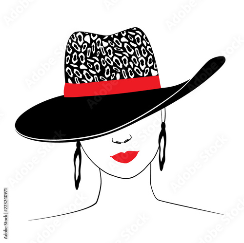 Woman in hat with leopard print and red ribbon. Red lips chic. Ears jewerly. Fashion illustration. Vector EPS 10.