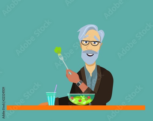elderly man eating. He is sitting Eat fish steak on the table, apple and glass. Healthy food concept for the elderly. Vector illustration