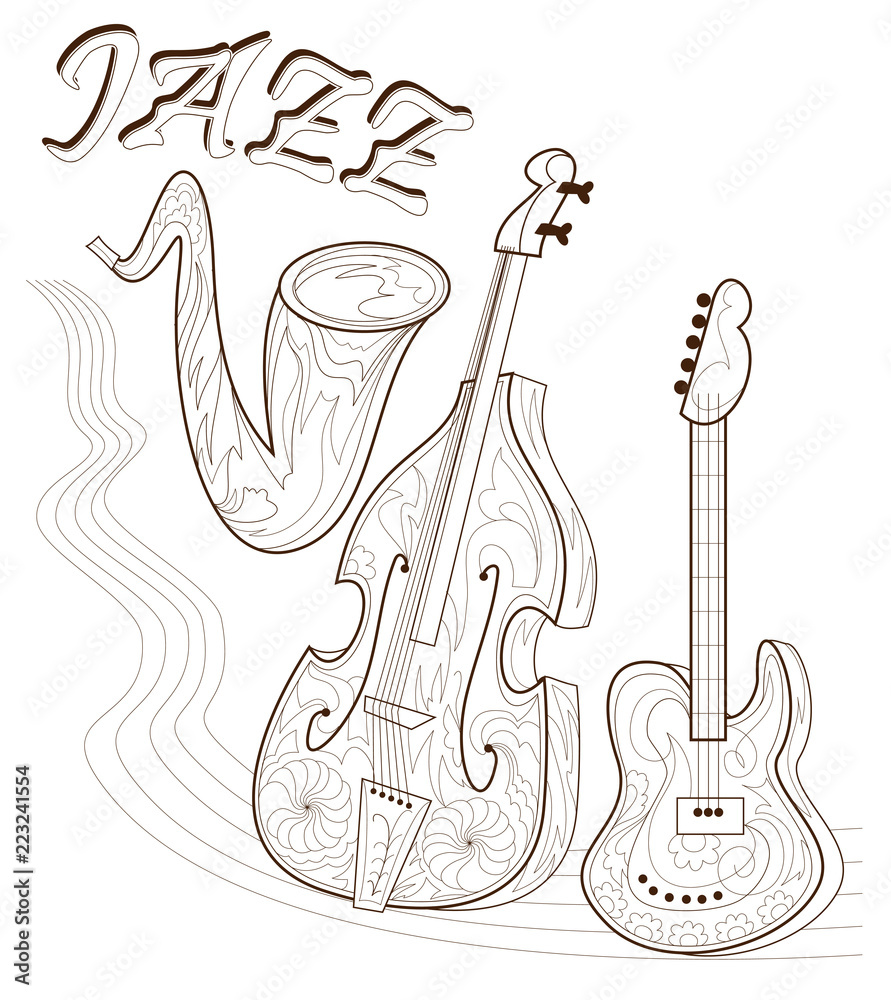 Black and white page for coloring. Set of musical instruments. Poster for  print. Advertising of Jazz concert. Worksheet for children and adults.  Vector image. Stock Vector | Adobe Stock