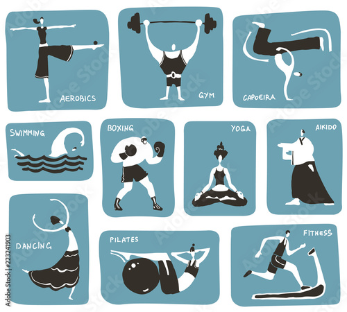 Stylized cartoon sports activities. Vector icon set, 3 colors.