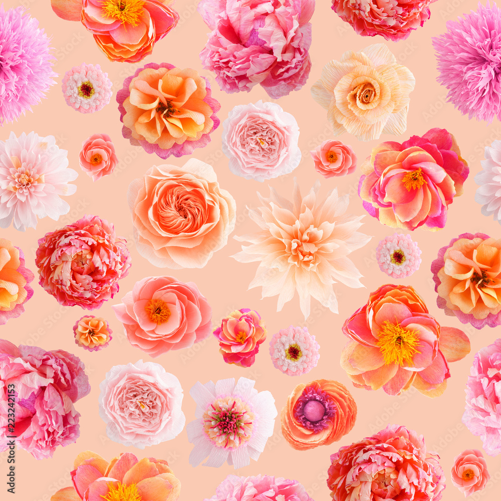 Seamless pattern with handmade crepe paper flowers on apricot colored background