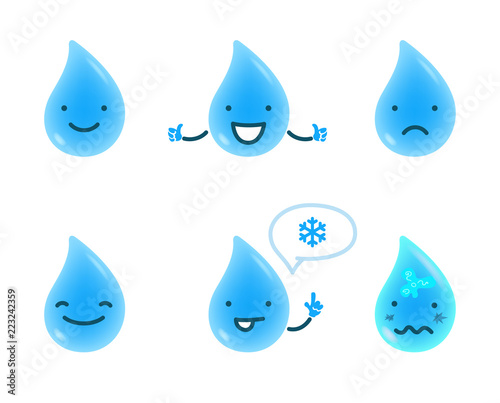 Water drop cartoon character with different face expressions. Vector graphics with gradients.