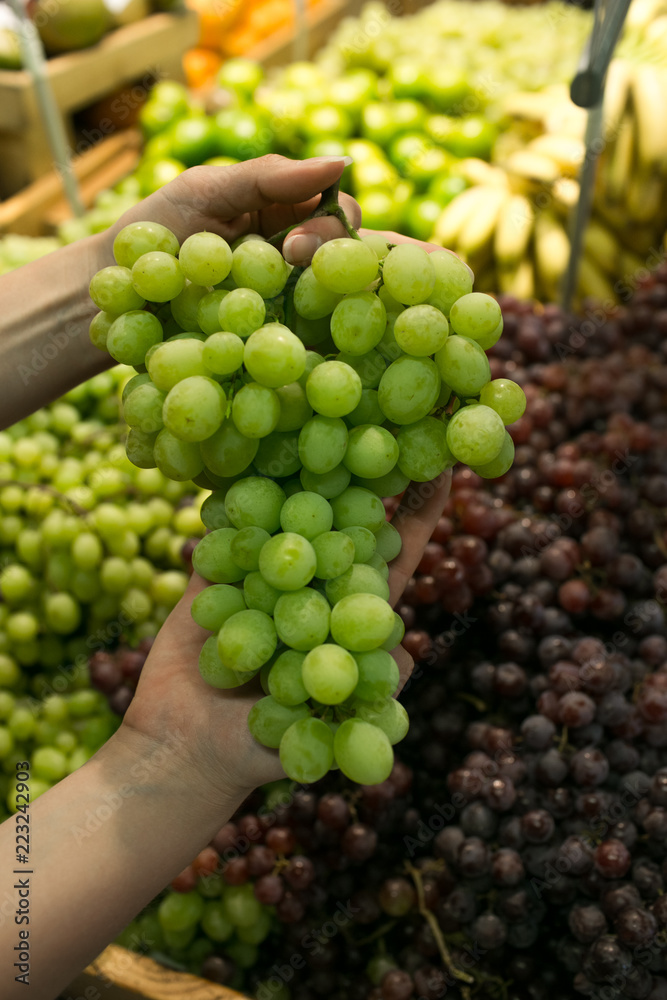 juicy ripe grapes in the hands of a woman in the supermarket juicy ripe grapes in the hands of a woman in the supermarket