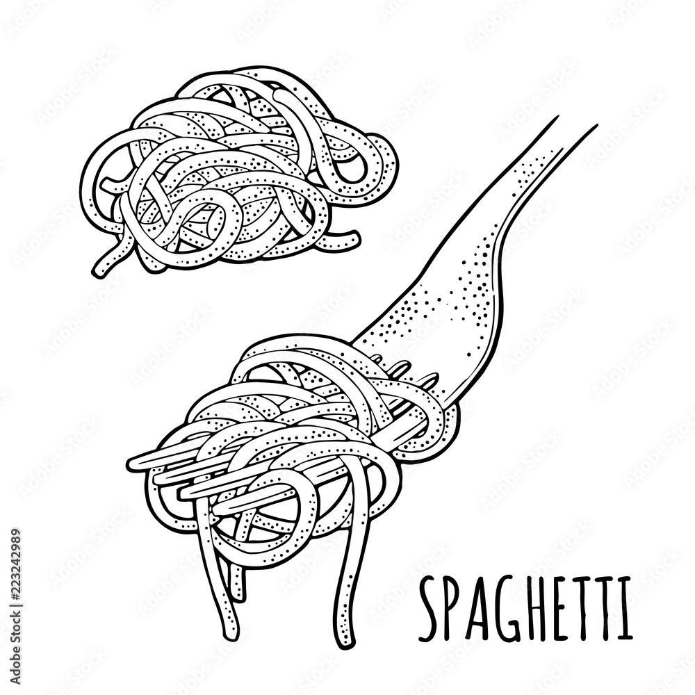 Spaghetti on fork. Vector vintage engraving black illustration isolated