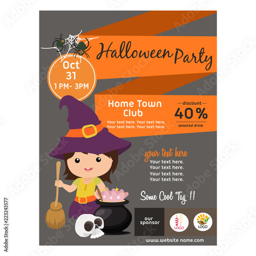 cute halloween poster with witch kid and broomstick